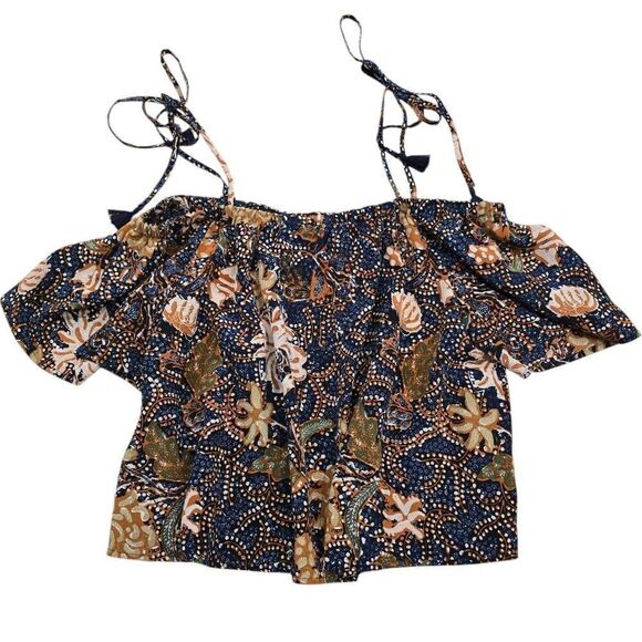 Madewell Top Women's Small Sea Floral 100% Silk Tassel Tie Off-Shoulder Blouse - Picture 2 of 7